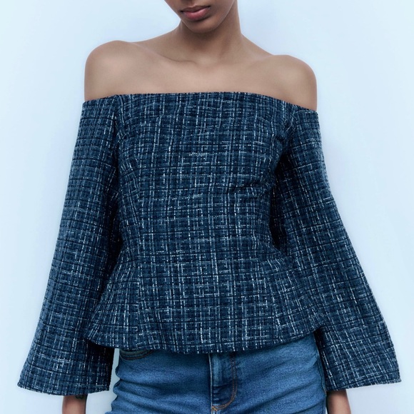 Zara NWT tweed off the shoulder peplum top - blue & black textured blouse - Picture 9 of 16
